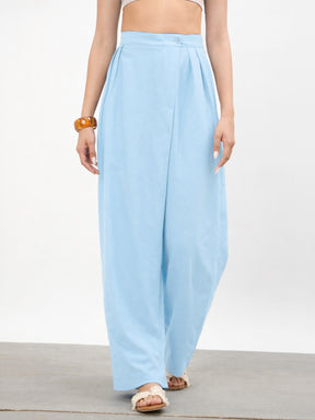 Blue Wrap Side Pleated Straight Pants-SASSAFRAS