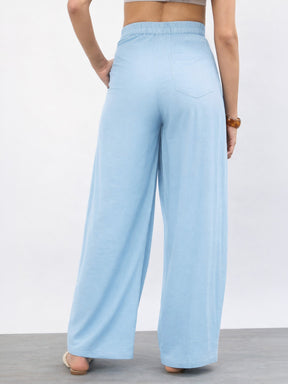 Women Blue Wrap Side Pleated Straight Pants