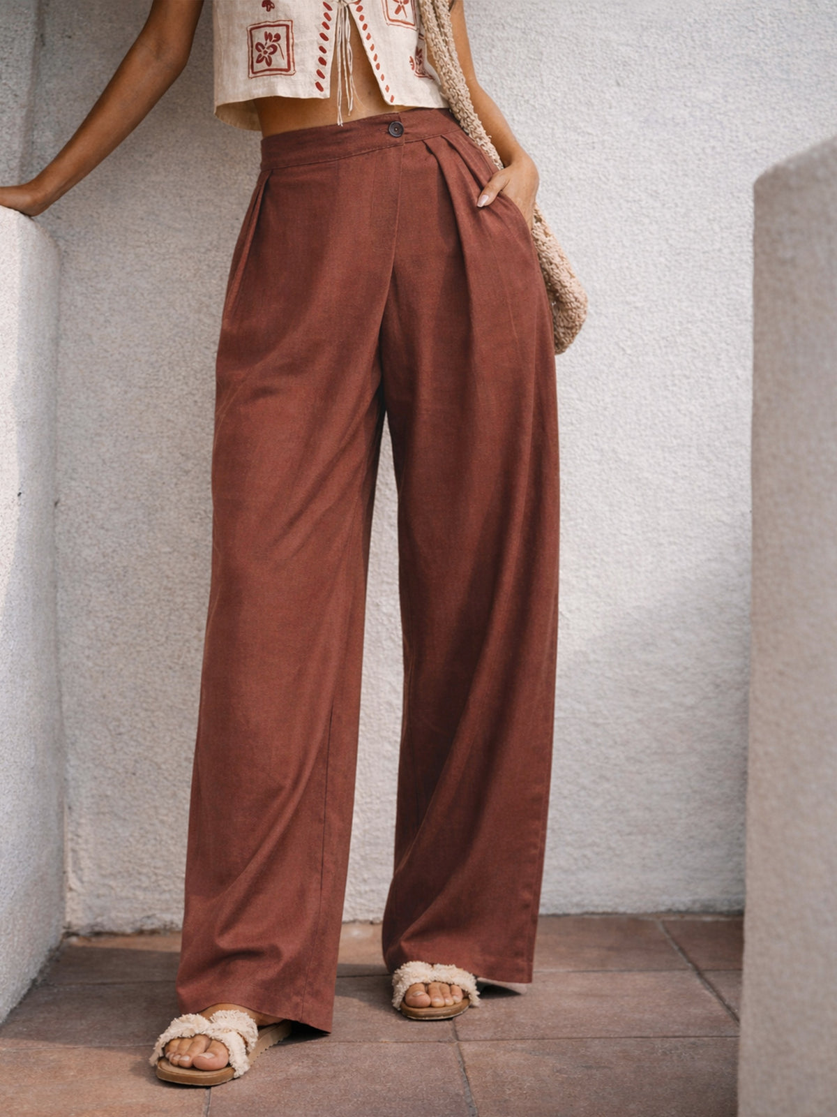 Brown Wrap Side Pleated Straight Pants-SASSAFRAS