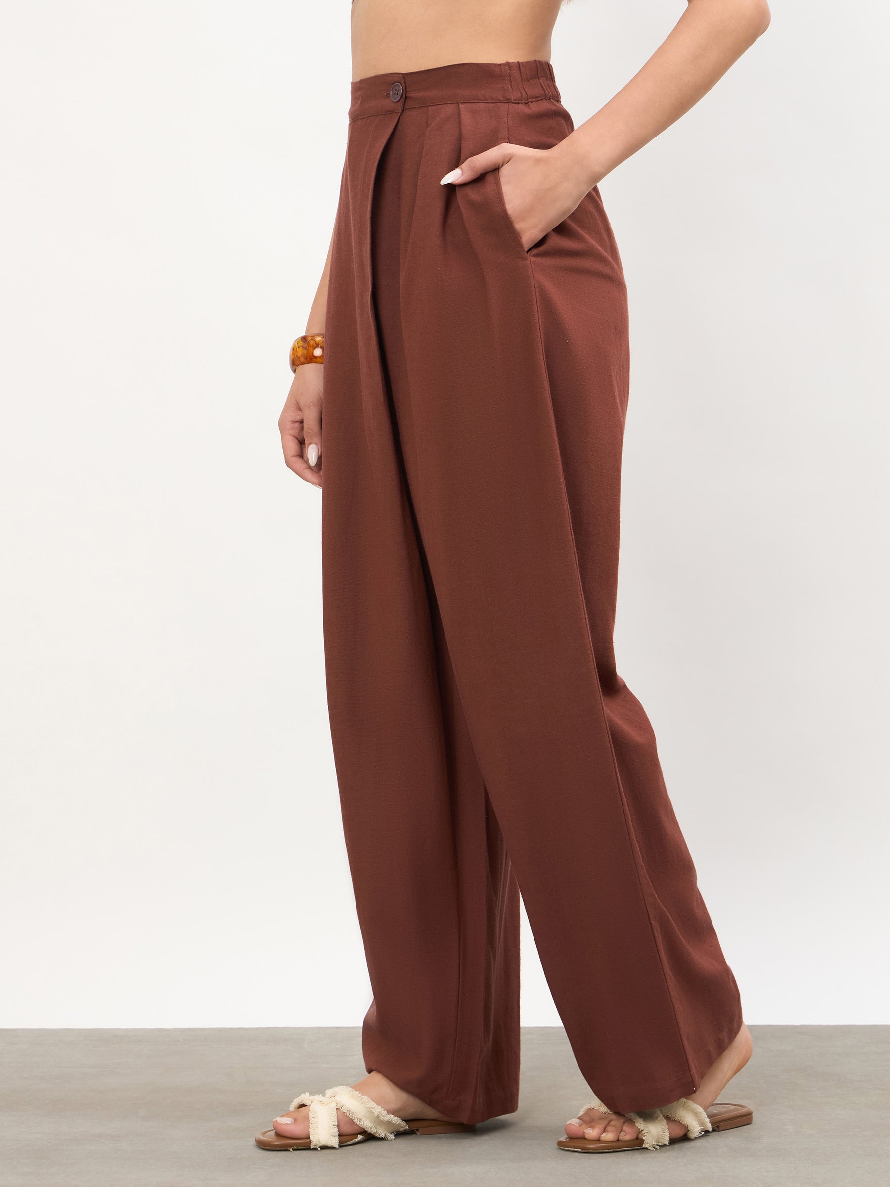 Brown Wrap Side Pleated Straight Pants-SASSAFRAS