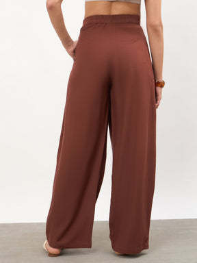 Brown Wrap Side Pleated Straight Pants-SASSAFRAS