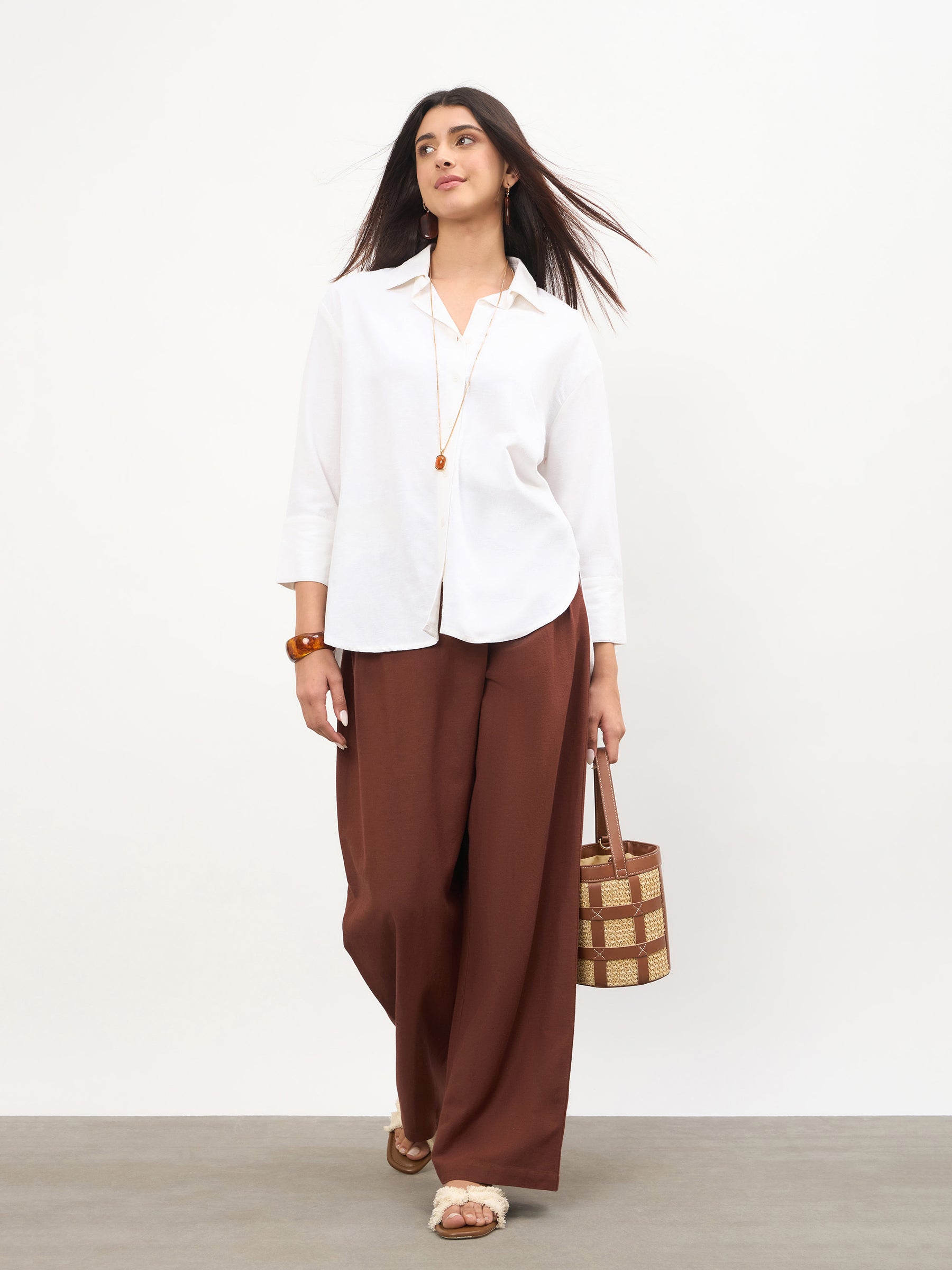 Brown Wrap Side Pleated Straight Pants-SASSAFRAS