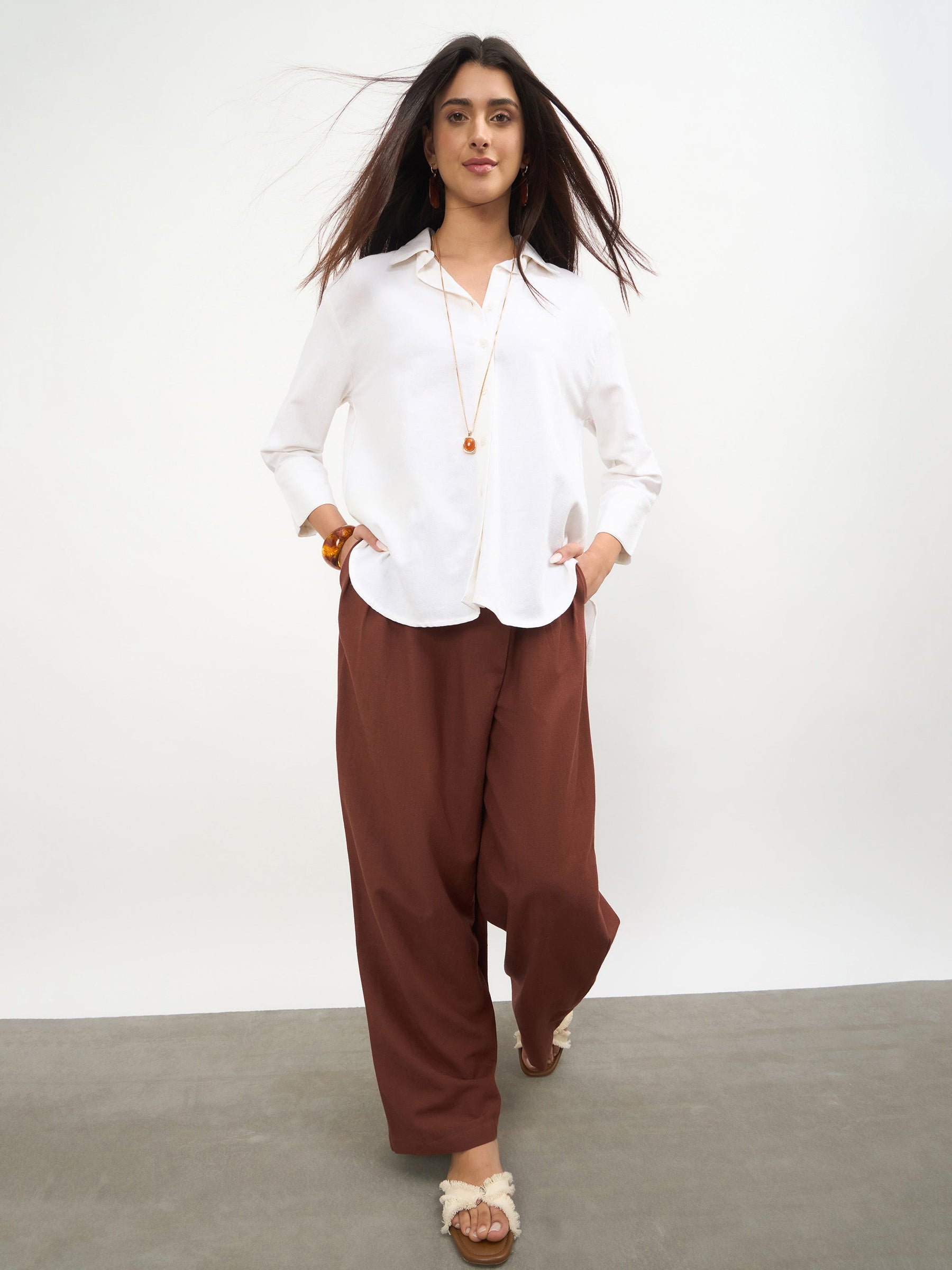Women Brown Wrap Side Pleated Straight Pants
