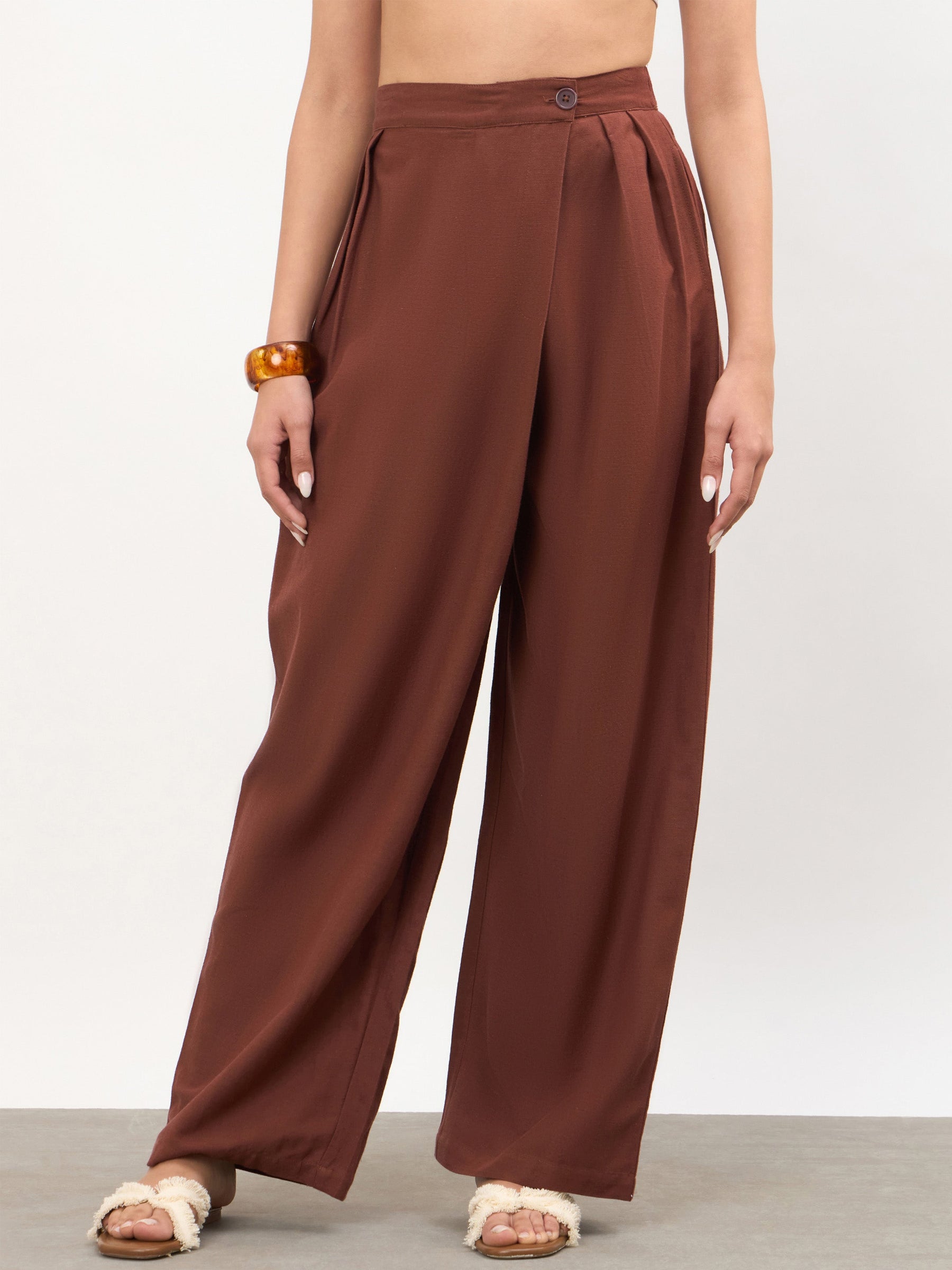 Women Brown Wrap Side Pleated Straight Pants
