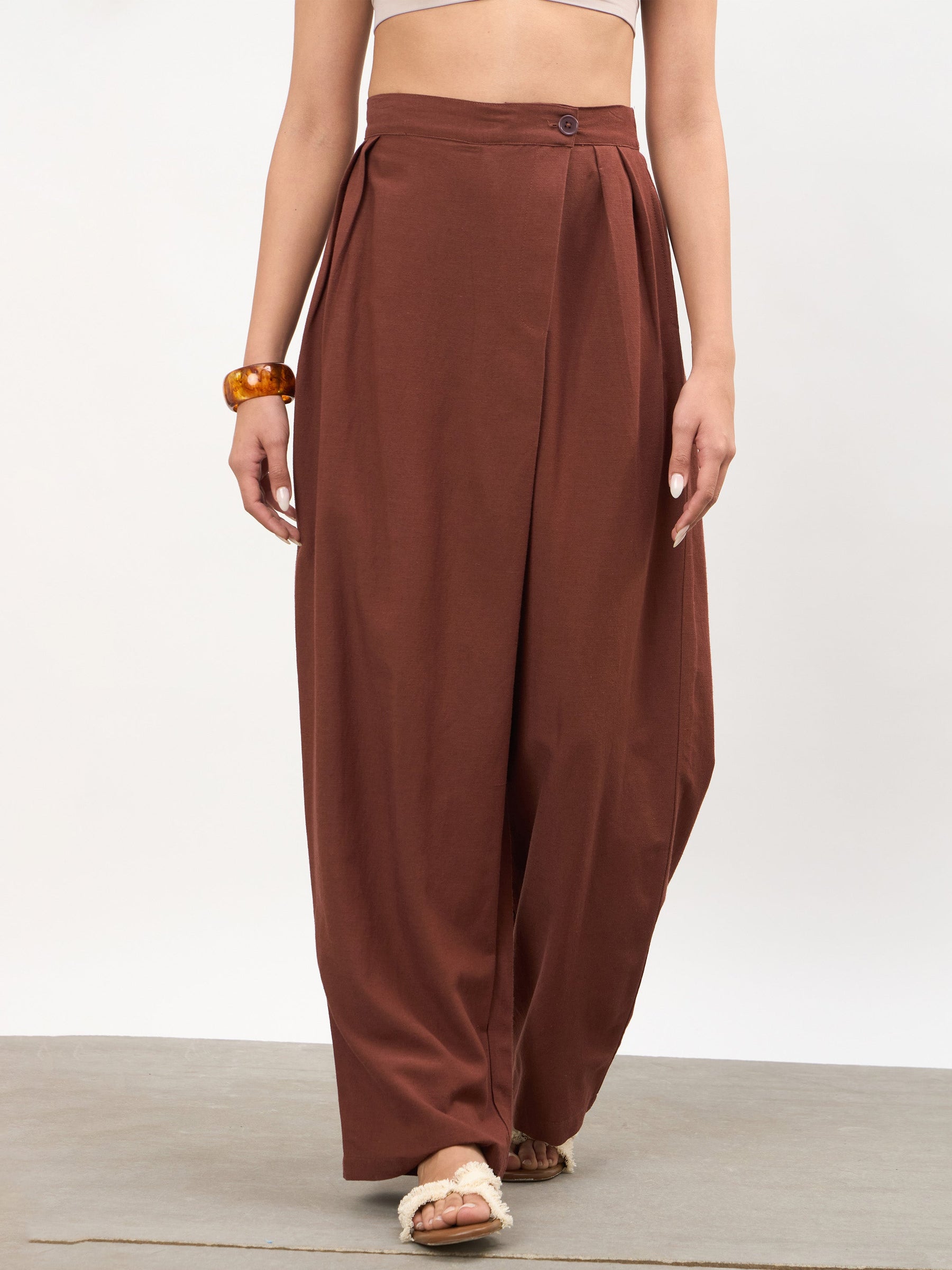 Women Brown Wrap Side Pleated Straight Pants