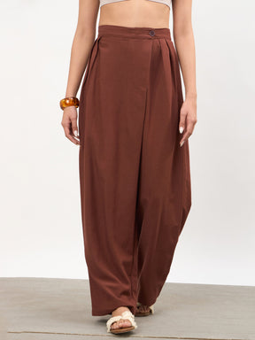 Women Brown Wrap Side Pleated Straight Pants