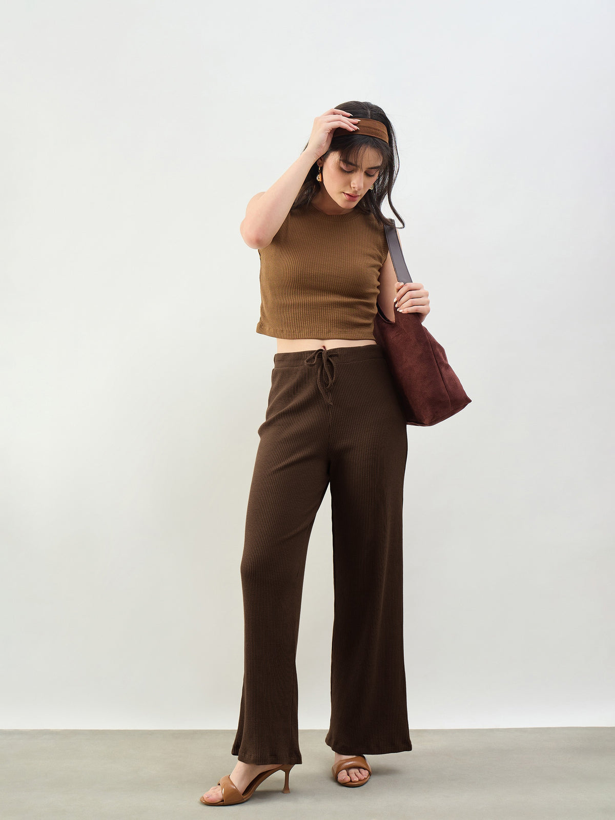 Brown Rib Drawstring Pants-SASSAFRAS BASICS