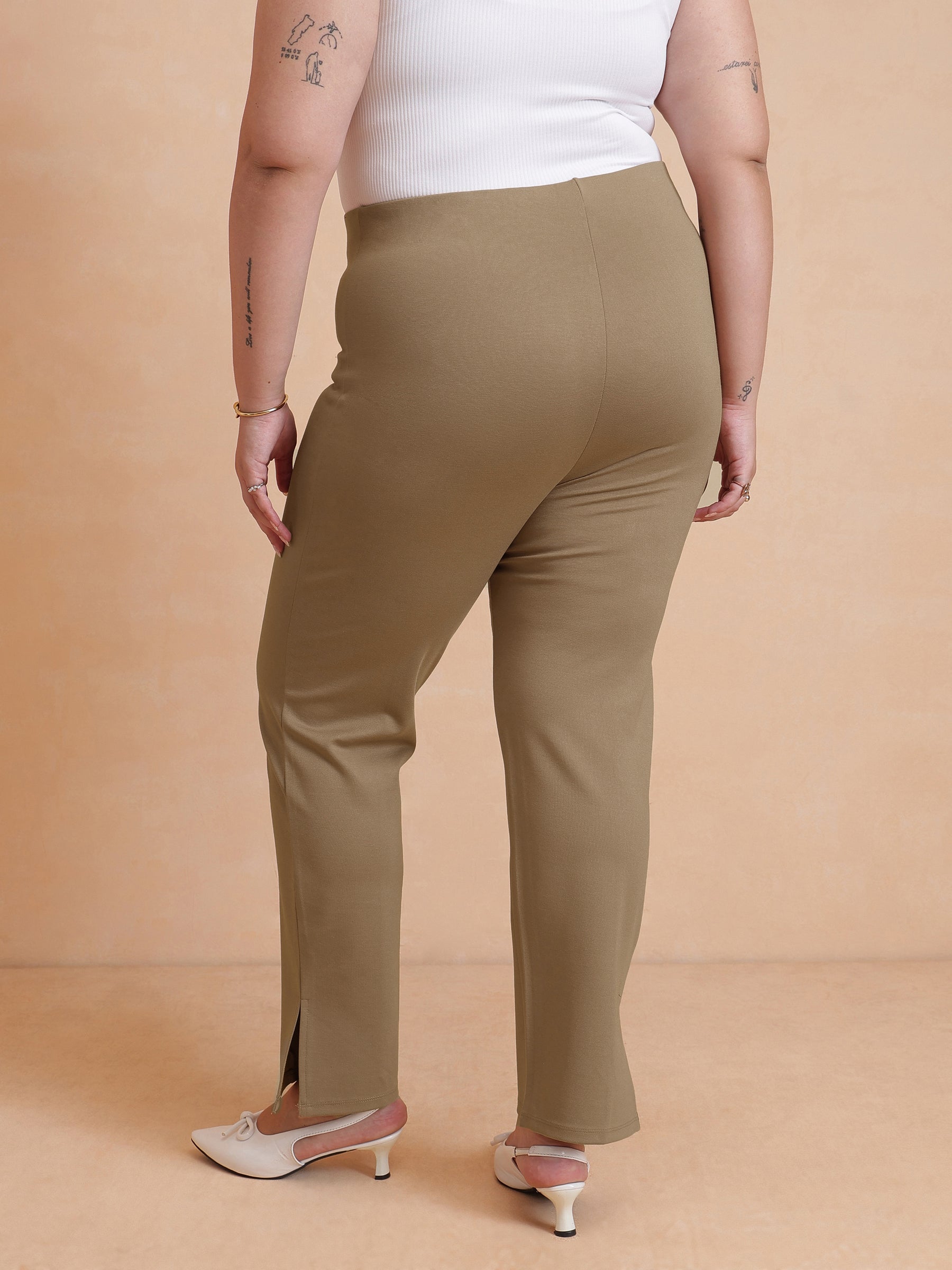 Women Tan Roma Side Slit Jegging