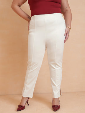 Women White Roma Side Slit Jegging