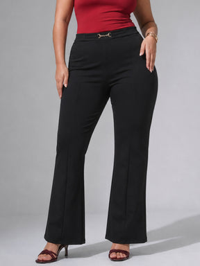 Black Roma Front Metal Trim Bell Bottom Pants-SASSAFRAS Curve