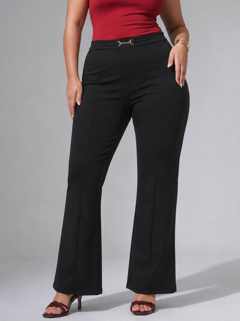 Black Roma Front Metal Trim Bell Bottom Pants-SASSAFRAS Curve
