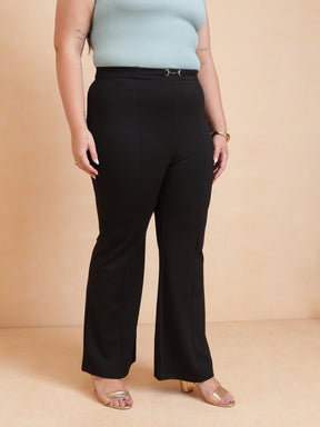 Black Roma Front Metal Trim Bell Bottom Pants-SASSAFRAS Curve