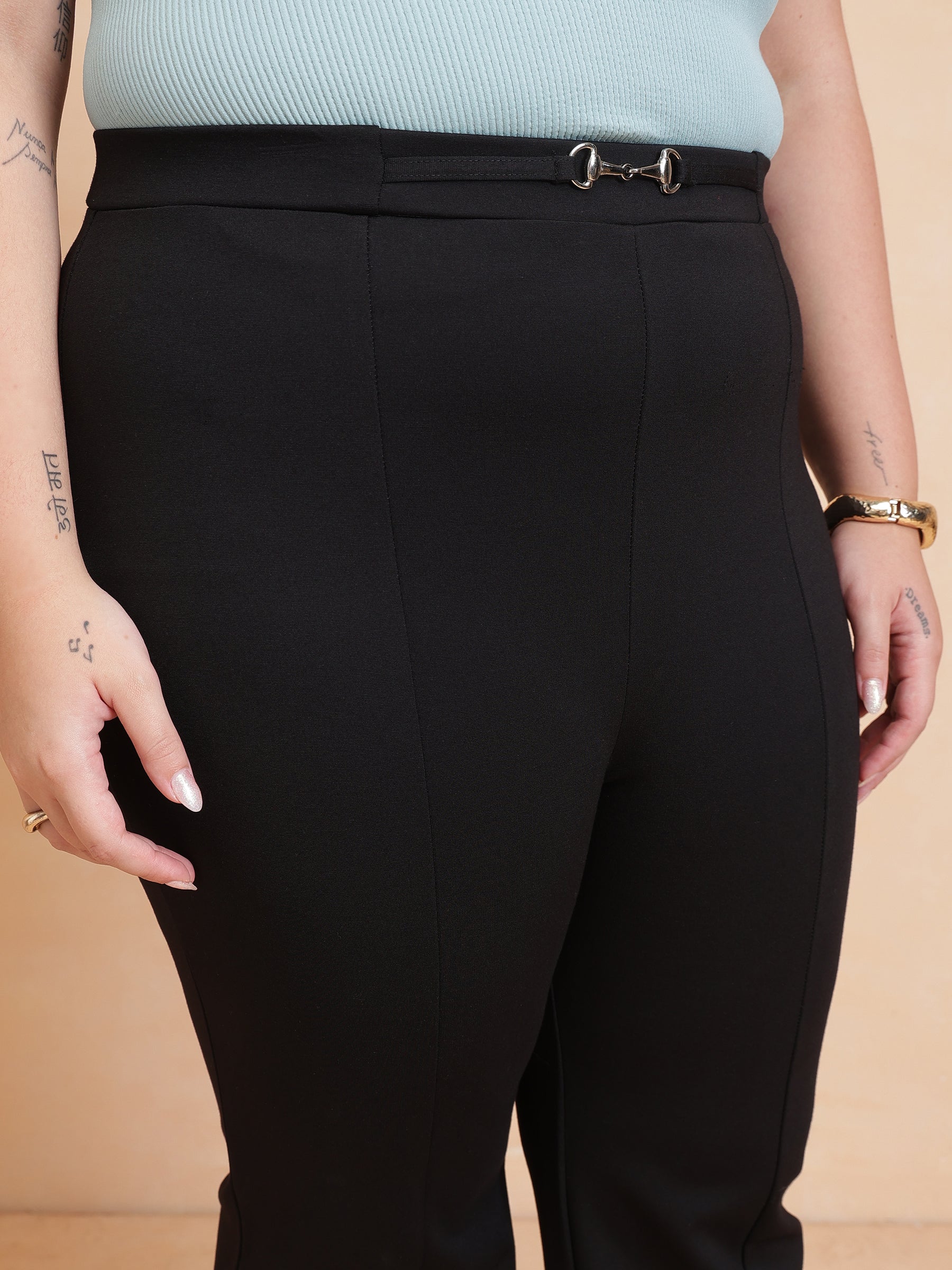 Black Roma Front Metal Trim Bell Bottom Pants-SASSAFRAS Curve