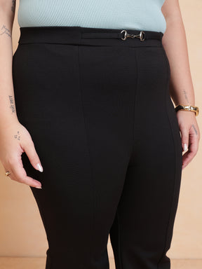 Black Roma Front Metal Trim Bell Bottom Pants-SASSAFRAS Curve