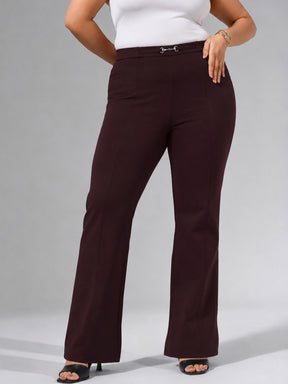 Burgundy Roma Front Metal Trim Bell Bottom Pants-SASSAFRAS Curve