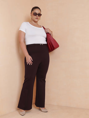 Burgundy Roma Front Metal Trim Bell Bottom Pants-SASSAFRAS Curve