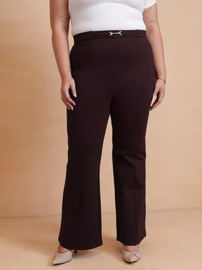 Women Burgundy Roma Front Metal Trim Bell Bottom Pants