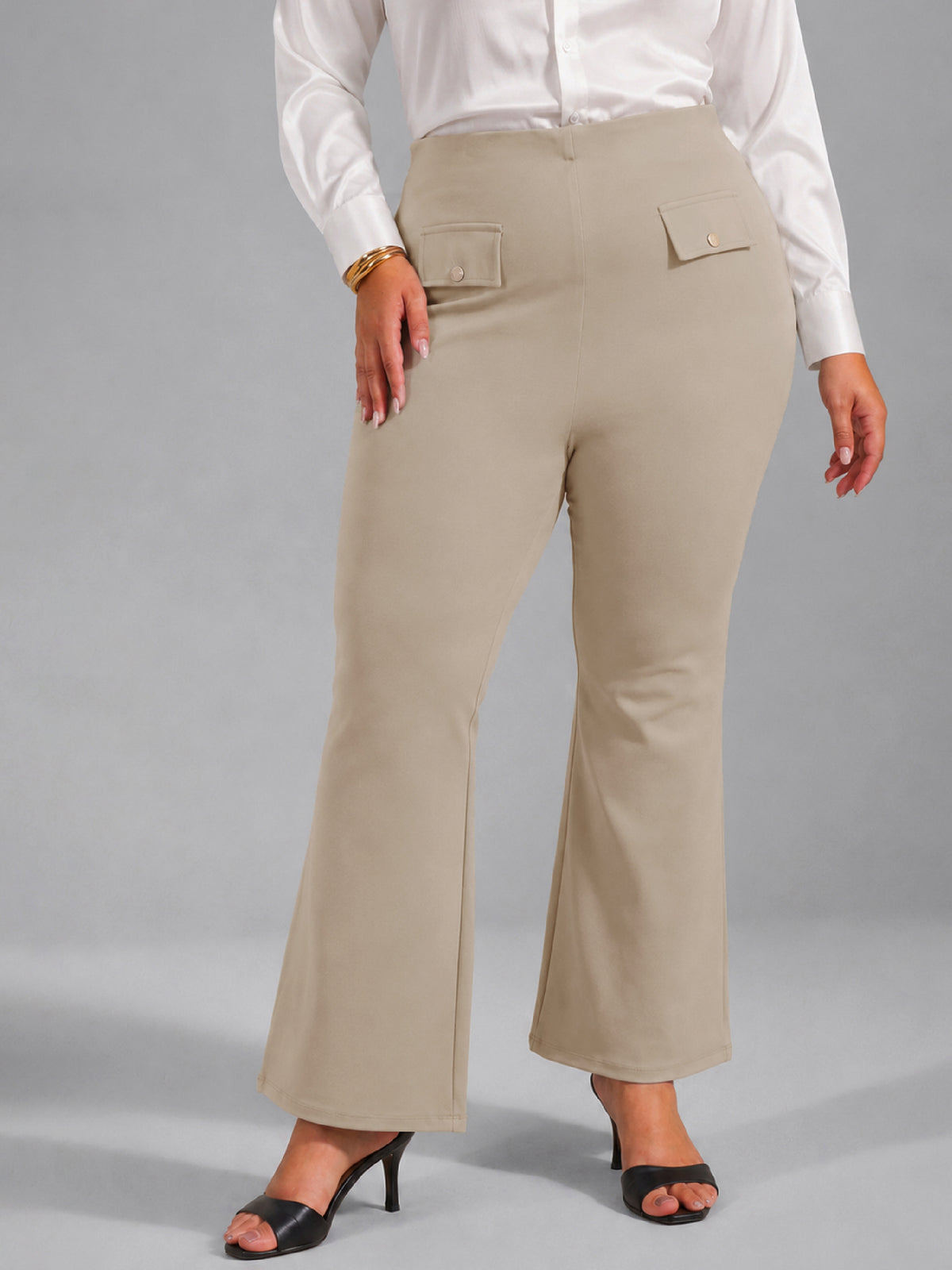 Beige Front Flap Bell Bottom Pants-SASSAFRAS Curve