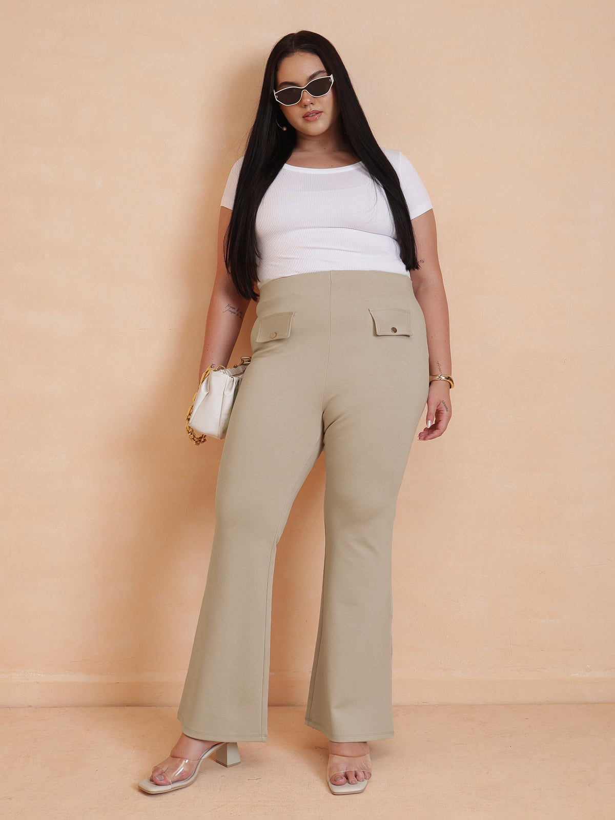 Beige Front Flap Bell Bottom Pants-SASSAFRAS Curve