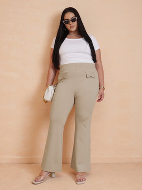 Beige Front Flap Bell Bottom Pants-SASSAFRAS Curve