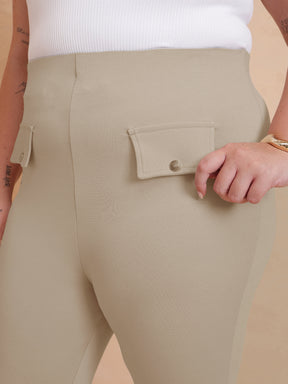 Beige Front Flap Bell Bottom Pants-SASSAFRAS Curve
