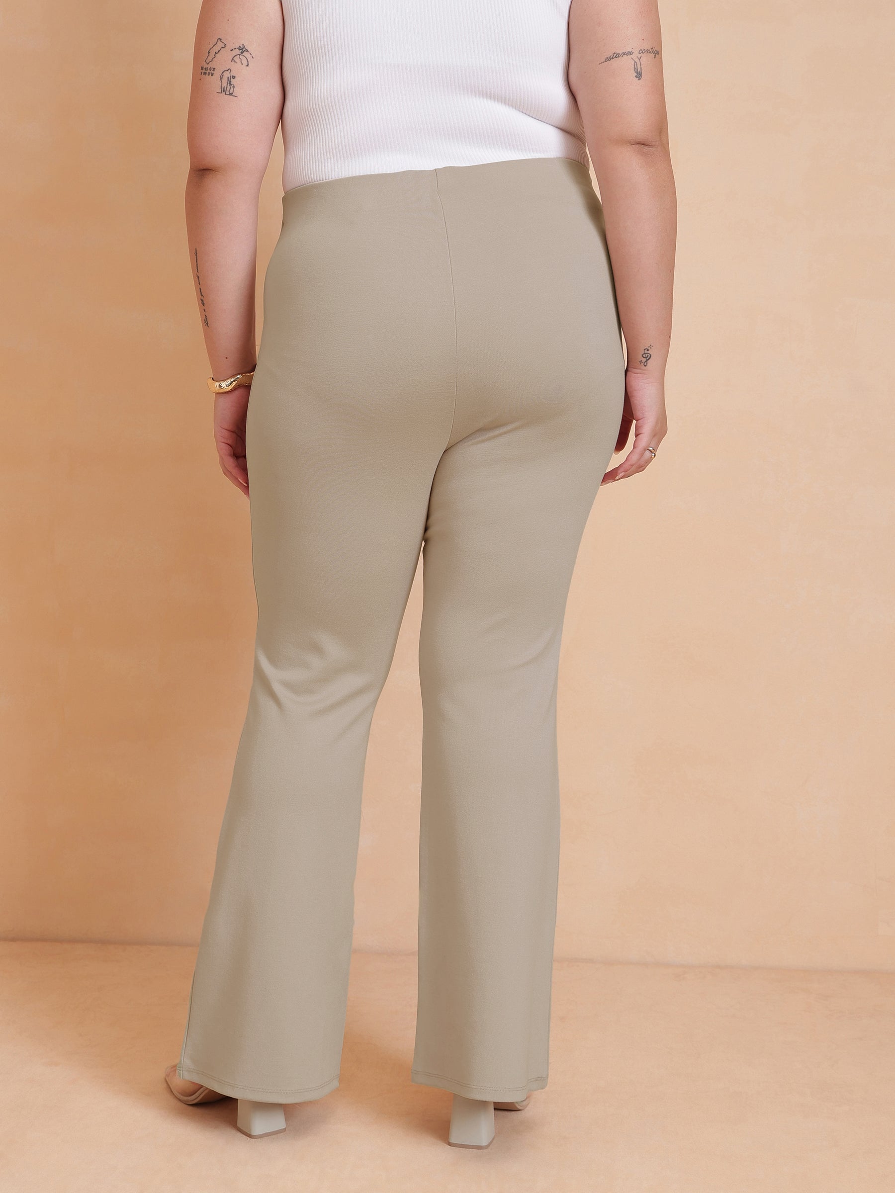 Beige Front Flap Bell Bottom Pants-SASSAFRAS Curve