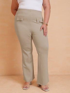 Women Beige Front Flap Bell Bottom Pants
