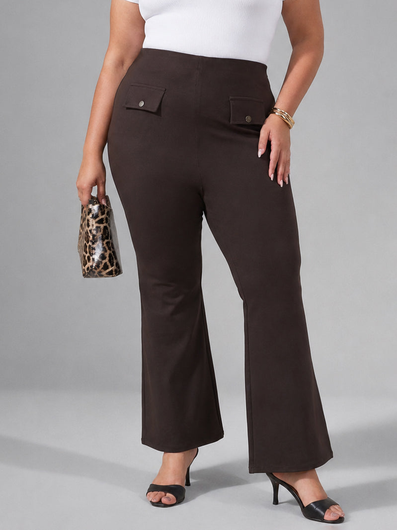 Coffee Brown Front Flap Bell Bottom Pants-SASSAFRAS Curve