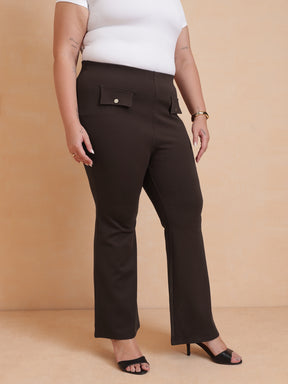 Coffee Brown Front Flap Bell Bottom Pants-SASSAFRAS Curve
