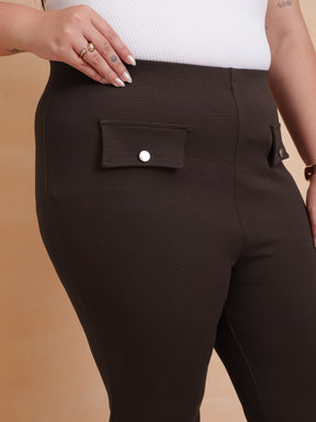 Coffee Brown Front Flap Bell Bottom Pants-SASSAFRAS Curve