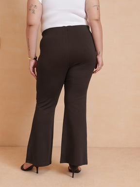 Coffee Brown Front Flap Bell Bottom Pants-SASSAFRAS Curve