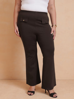 Women Coffee Brown Front Flap Bell Bottom Pants