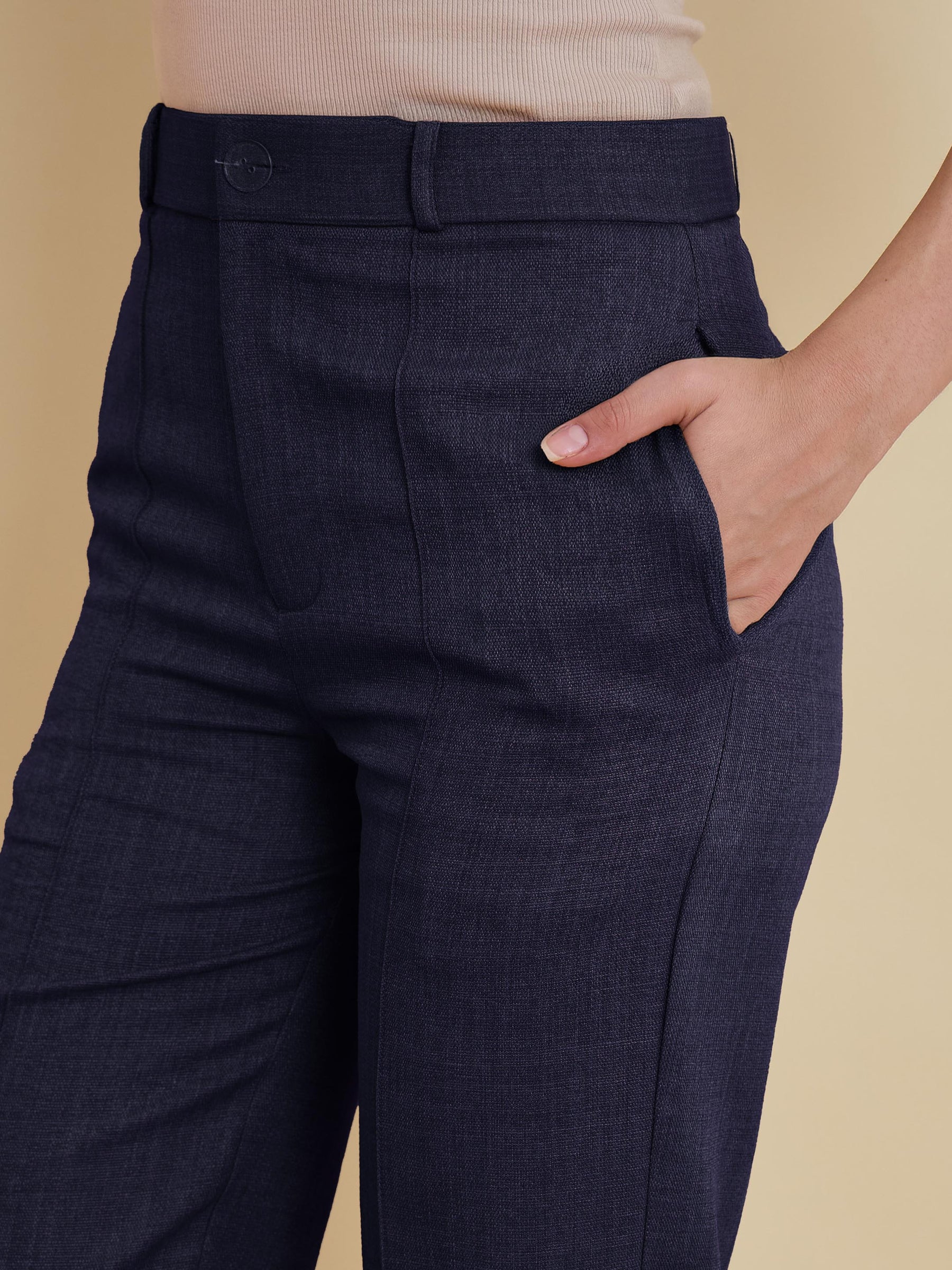 Navy Linen Pintuck Straight Pants-SASSAFRAS worklyf