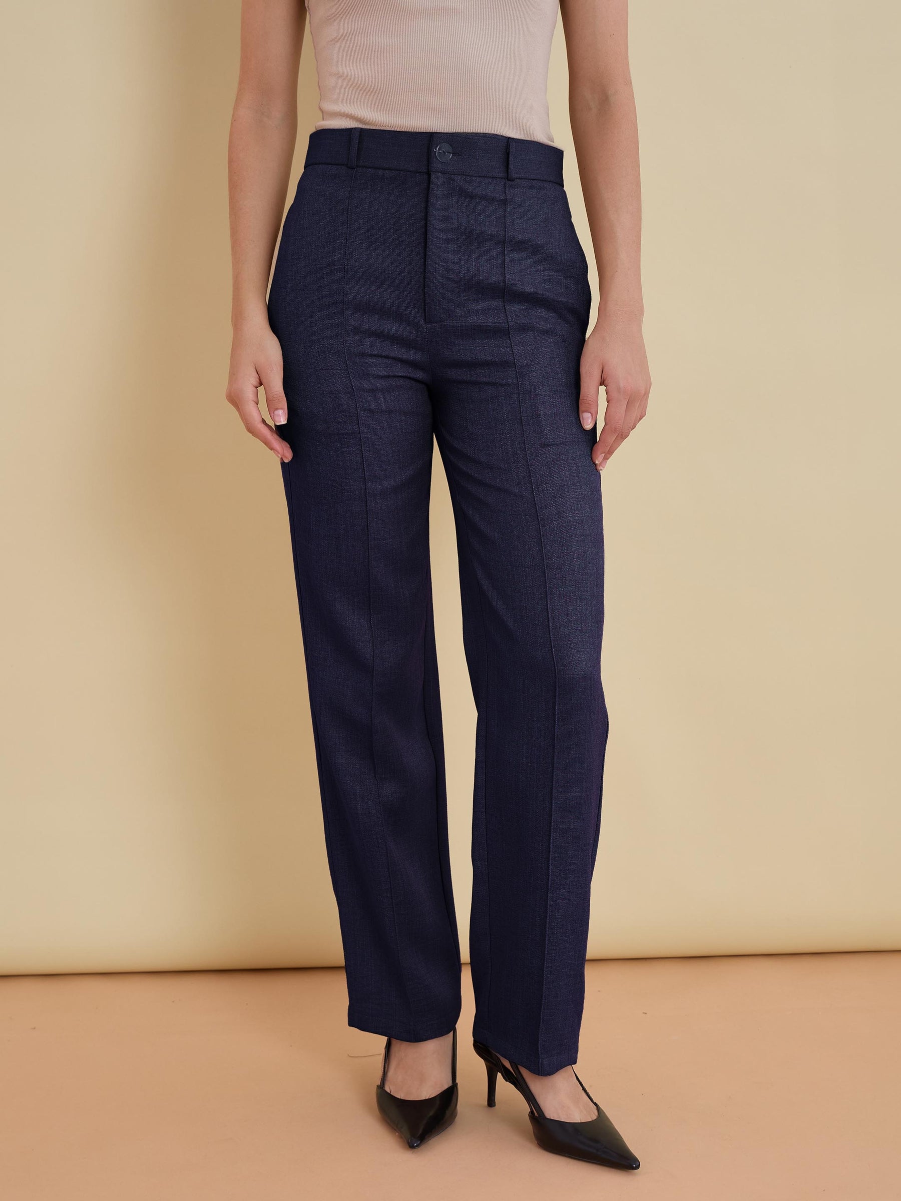 Women Navy Linen Pintuck Straight Pants