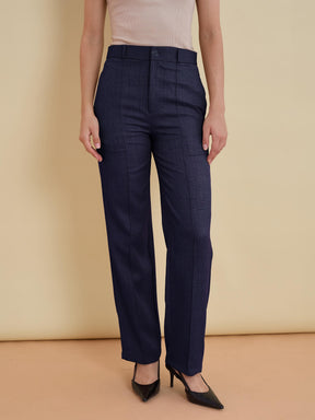 Women Navy Linen Pintuck Straight Pants