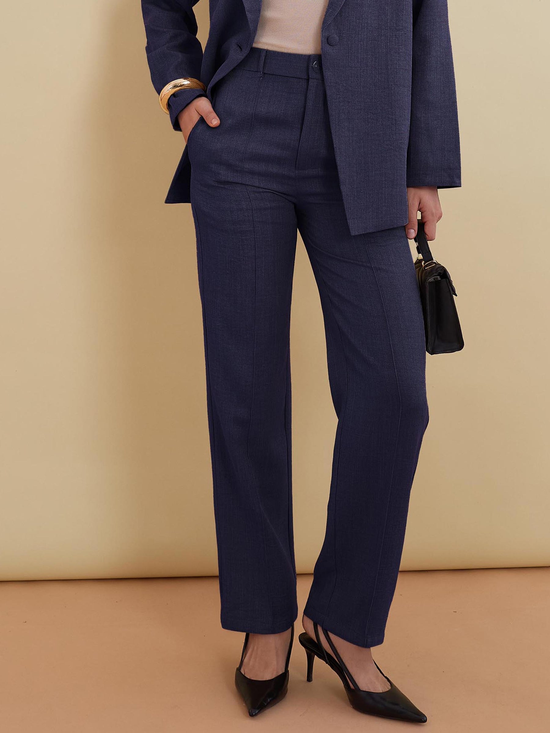 Women Navy Linen Pintuck Straight Pants