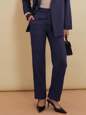 Women Navy Linen Pintuck Straight Pants