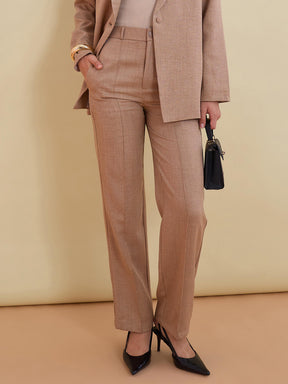 Women Beige Linen Pintuck Straight Pants