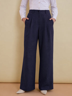 Navy Wide Leg High-Rise Pleated Trousers-SASSAFRAS worklyf