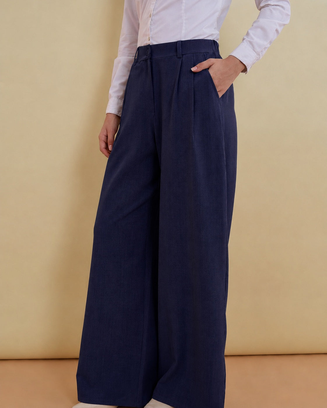 Navy Wide Leg High-Rise Pleated Trousers-SASSAFRAS worklyf