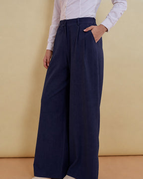 Navy Wide Leg High-Rise Pleated Trousers-SASSAFRAS worklyf