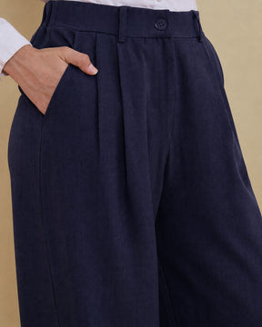 Navy Wide Leg High-Rise Pleated Trousers-SASSAFRAS worklyf
