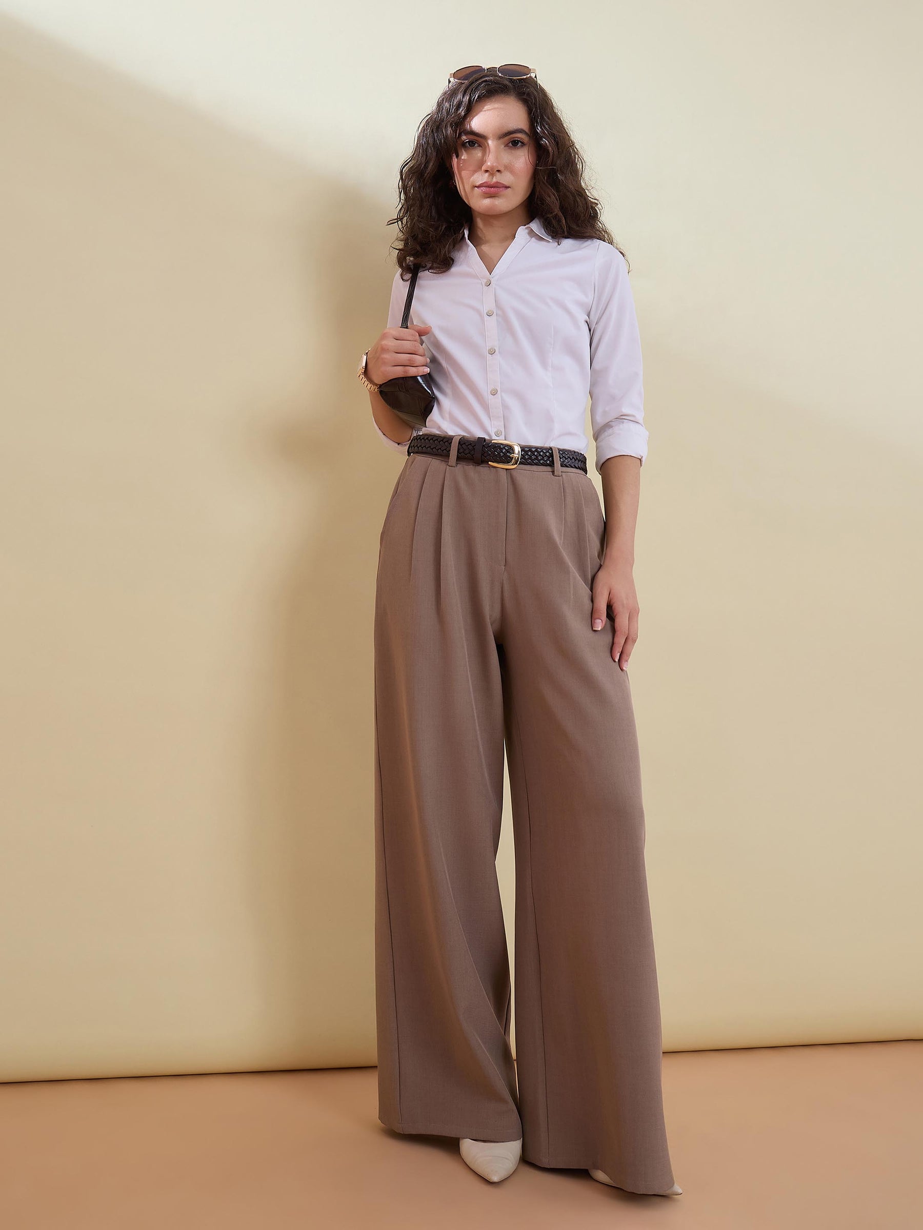 Beige Wide Leg High-Rise Pleated Trousers-SASSAFRAS worklyf