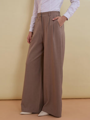 Beige Wide Leg High-Rise Pleated Trousers-SASSAFRAS worklyf