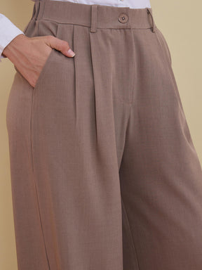Beige Wide Leg High-Rise Pleated Trousers-SASSAFRAS worklyf