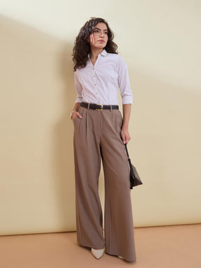Women Beige Wide Leg High-Rise Pleated Trousers