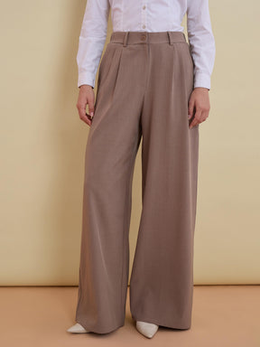 Women Beige Wide Leg High-Rise Pleated Trousers