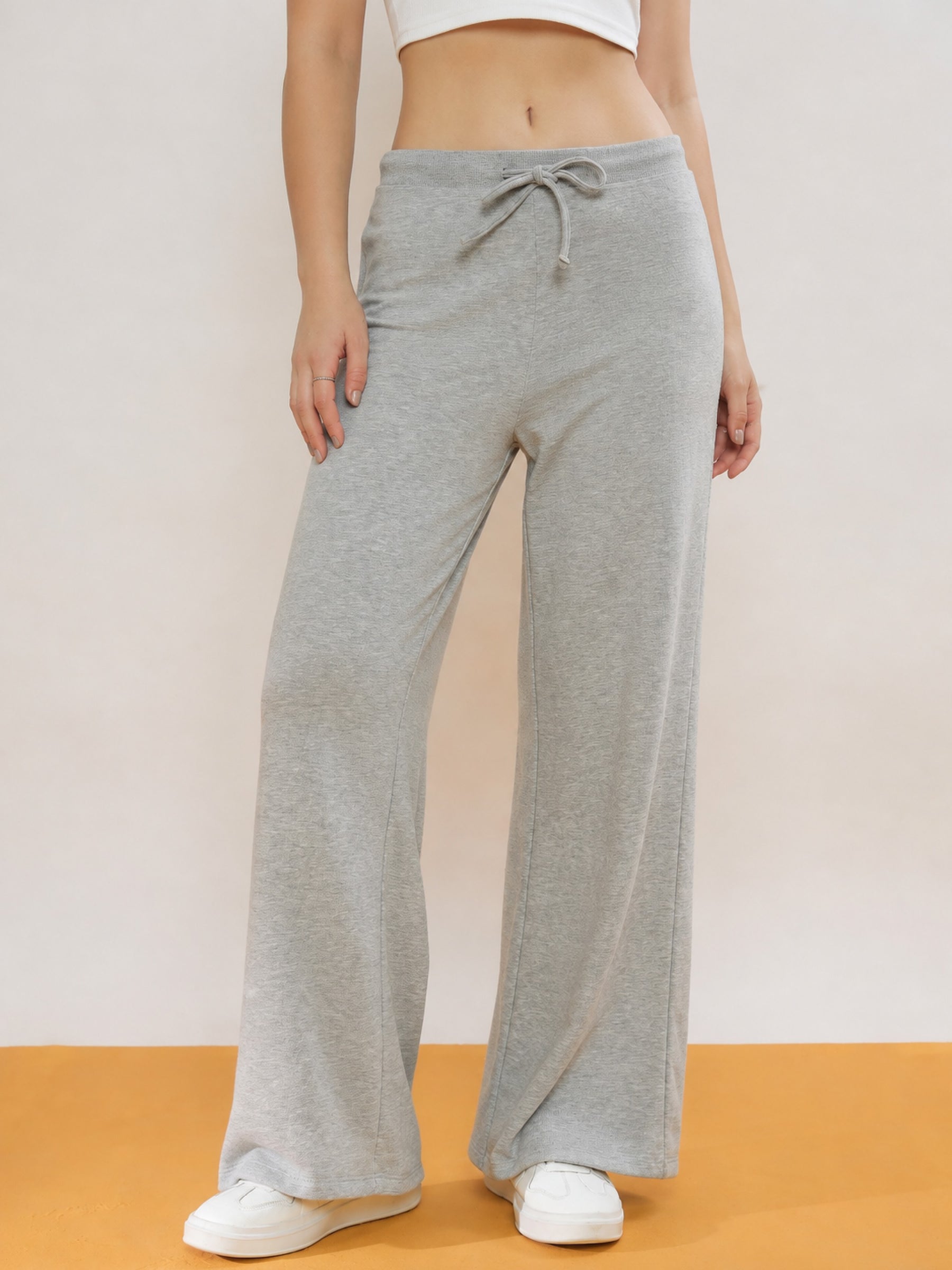 Melange Grey Terry Wide Leg Track Pants-SASSAFRAS