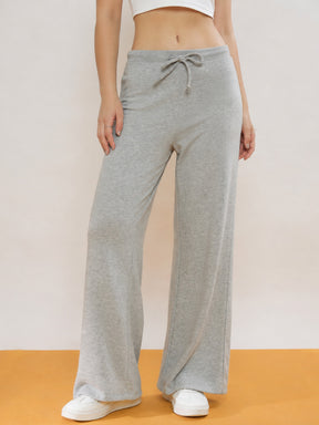 Melange Grey Terry Wide Leg Track Pants-SASSAFRAS