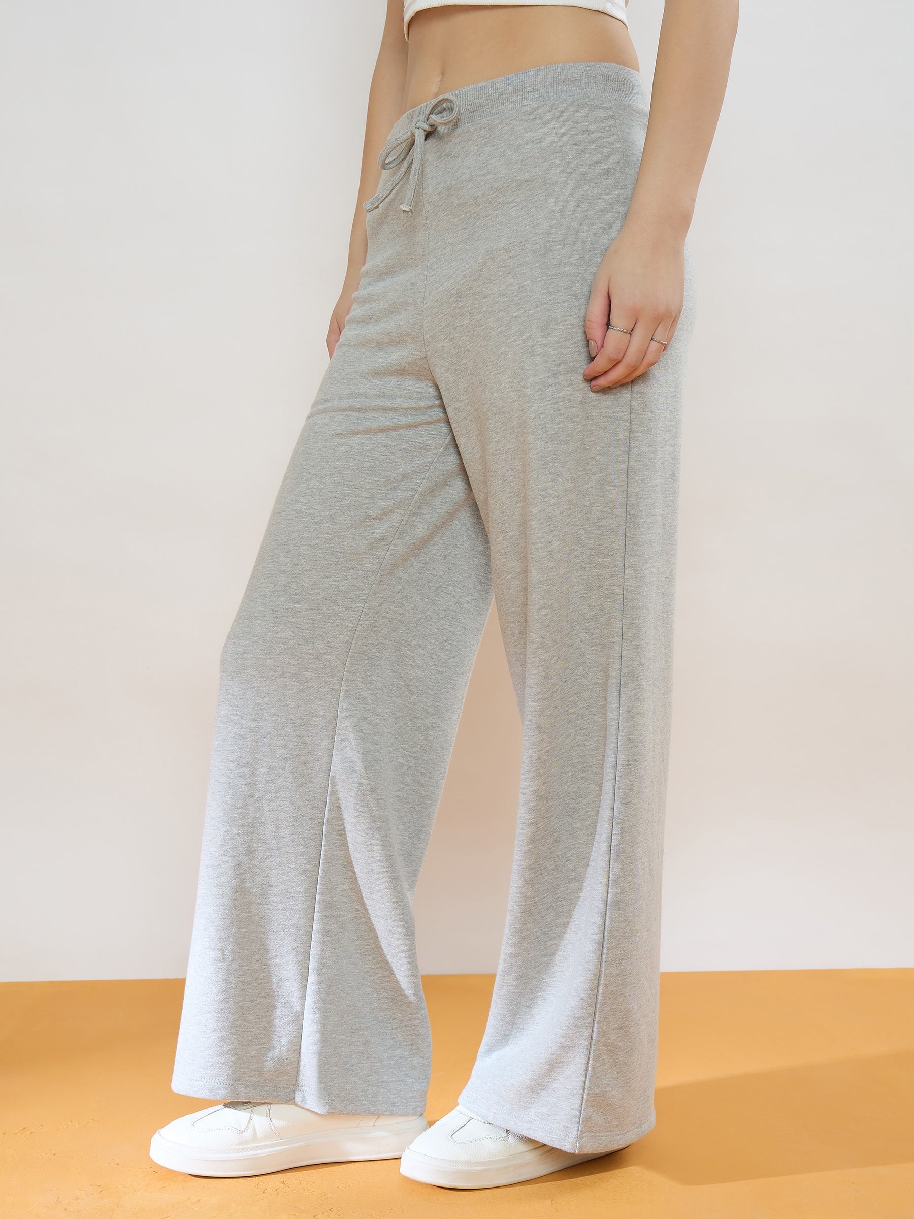 Melange Grey Terry Wide Leg Track Pants-SASSAFRAS